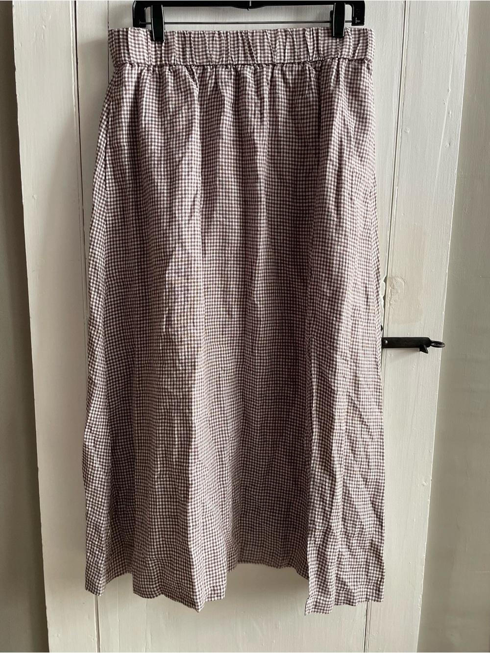 QUINCE 100% European Linen Brown & Taupe Gingham Maxi Skirt W/Side Slit Sz L NWT - Picture 4 of 9